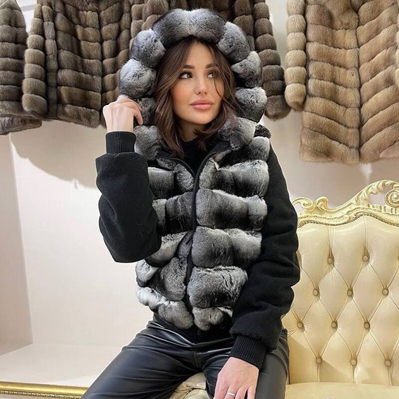 Real Fur Vest Women Autumn Winter Hooded Gilet Fashion Genuine Rex Rabbit Fur Coat