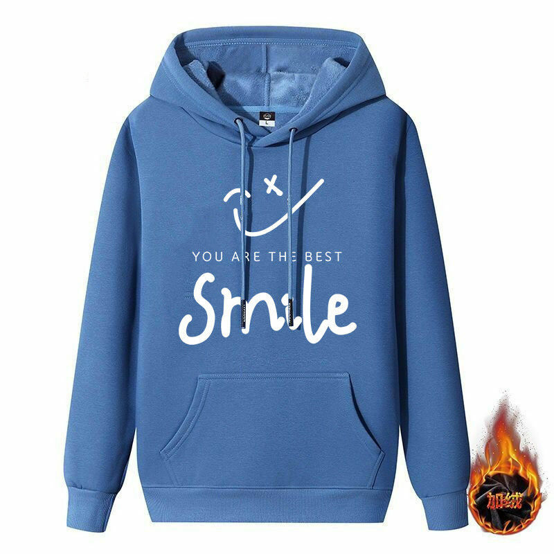 Smiley Printed Hoodies Mens Winter Fleece Velvet Thick Warm Hooded Oversized Sweatshirts Loose Male Hip Hop Pullover Clothes