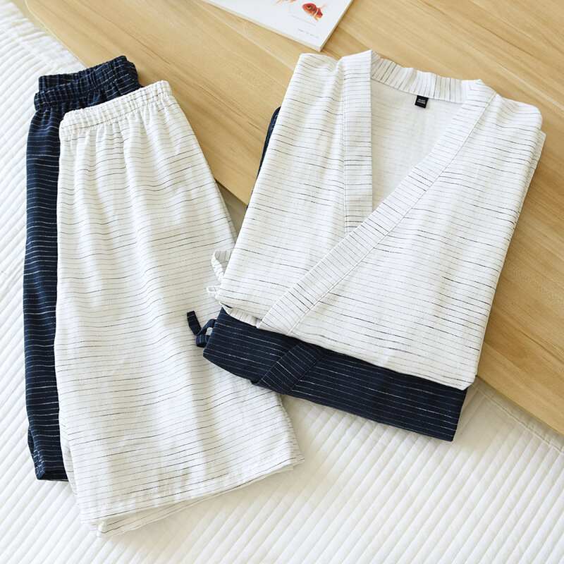 Mens Cotton Pajamas Japanese Kimono Yukata Sets Cardigan Sleepwear Stripe Short Sleeve Summer Loose Yukata Fashion Pajamas 2022