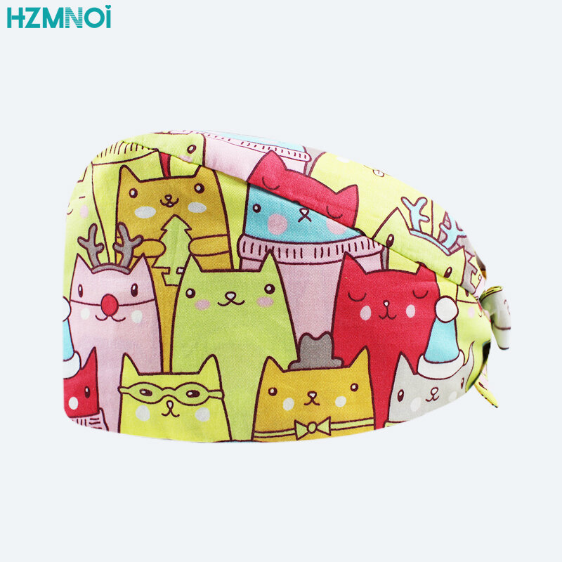 The new hospital doctor nurse frosted cap dental pet surgical cap printed breathable pharmacy adjustable cotton beauty salon cap