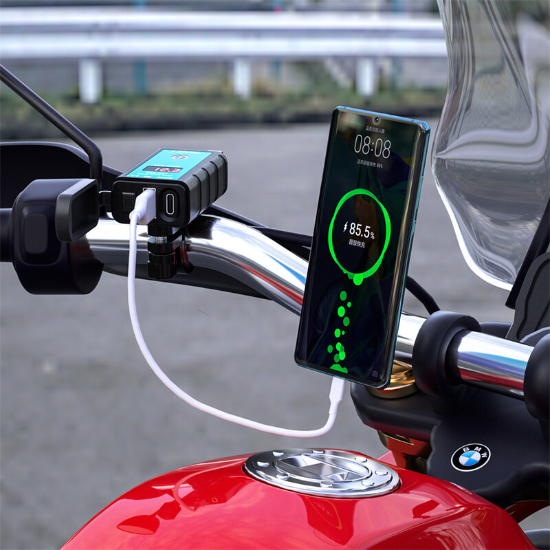Motorcycle Phone QC3.0 USB + Type-C Fast Charging 12-24v SAE socket cable w/360 Rotation Motorcycle Bicycle Handlebar holder