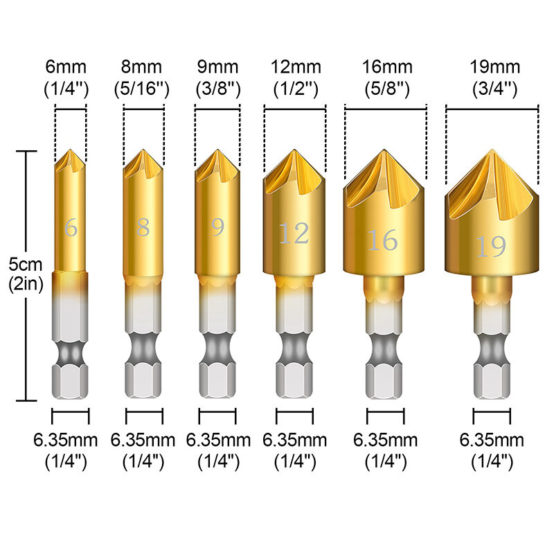 6 sztuk 5 flet flet pogłębiacz 1/4 "uchwyt sześciokątny HSS 90 stopni drewna frez do fazowania fazowania 6mm-19mm wiertło rozwiercające Bit
