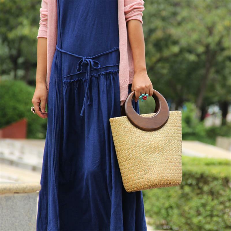 女性用籐ハンドバッグ,28x30cm,タイ製,オリジナルの中国の木製ハンドル,レトロな休暇用バッグ,a6107