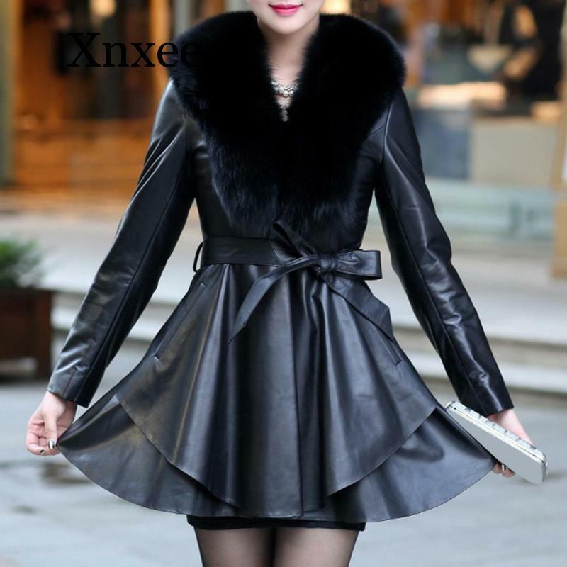 Elegant Winter Cardigan Ruffled Coat Leather Outfit Long Sleeve Pu Leather Temperament Outwear Trend Faux Fur Women Black