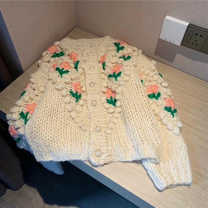 Jersey da mulher 2021 Coreano Casual Tridimensional Crochet Bordado Camisola Cardigans Feminino Oversized Knitwear Inverno Puxa