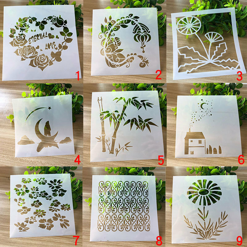 9ชิ้น/เซ็ต13ซม.หัวใจไม้ไผ่ House Leaf DIY Layering Stencils ภาพวาดสมุดภาพสี Embossing อัลบั้มตกแต่งแม่แบบ