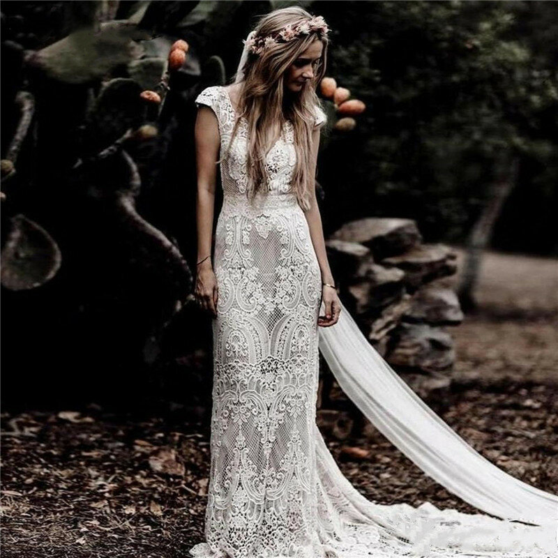 Женское свадебное платье в богемном стиле, винтажное кружевное платье-футляр с коротким рукавом, V-образным вырезом и открытой спиной, пляжное платье невесты, индивидуальный пошив