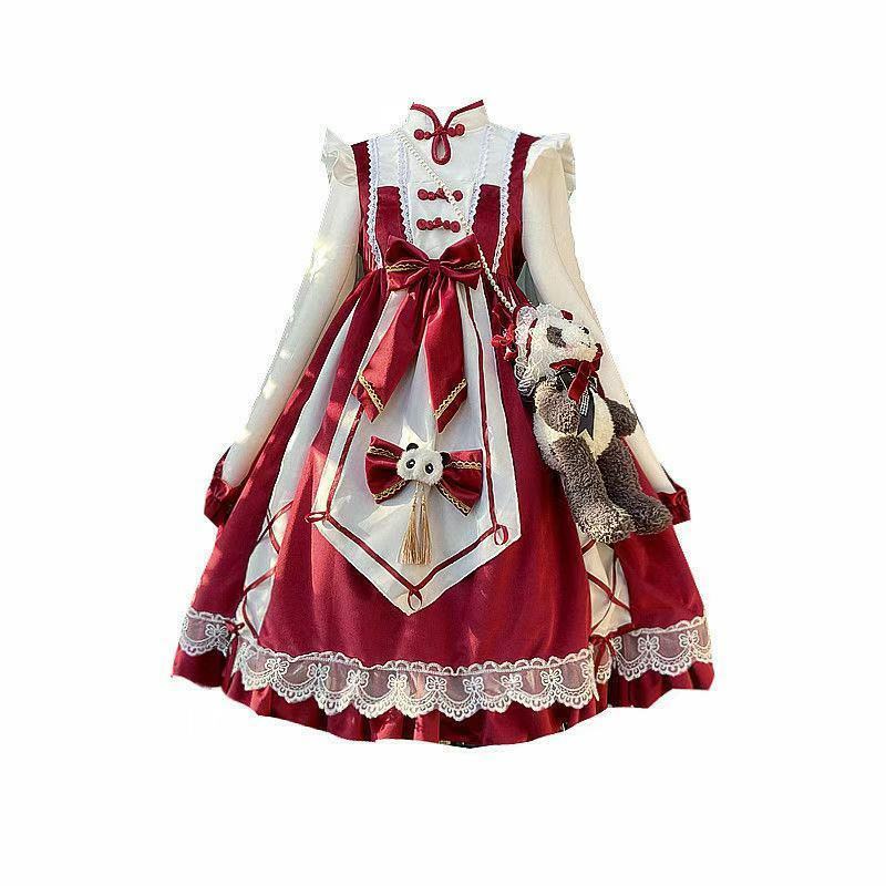 Lolita Dress Chinese Style Panda Long-Sleeved Red Party Daily Lolita Dress Op