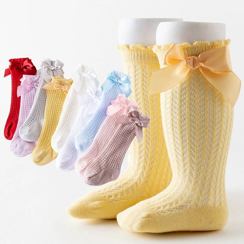 Calcetines largos con lazo para bebé y niña, calcetín hasta la rodilla, malla de algodón suave, estilo español, transpirables de 0 a 2 años