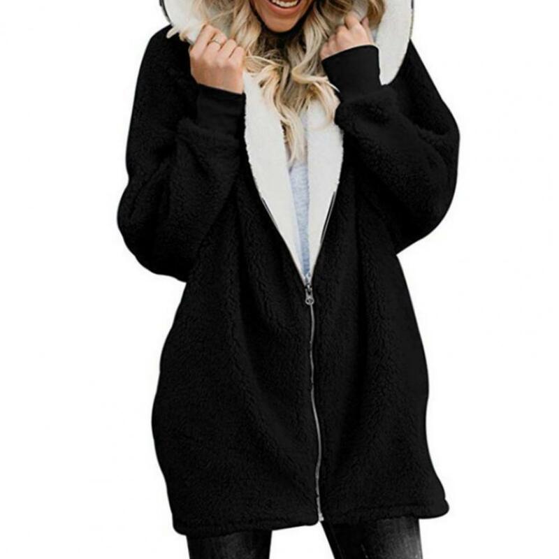 Dropshipping!!! Casaco de pelúcia de comprimento médio feminino com capuz, fecho zíper, manga longa, inverno Outerwear