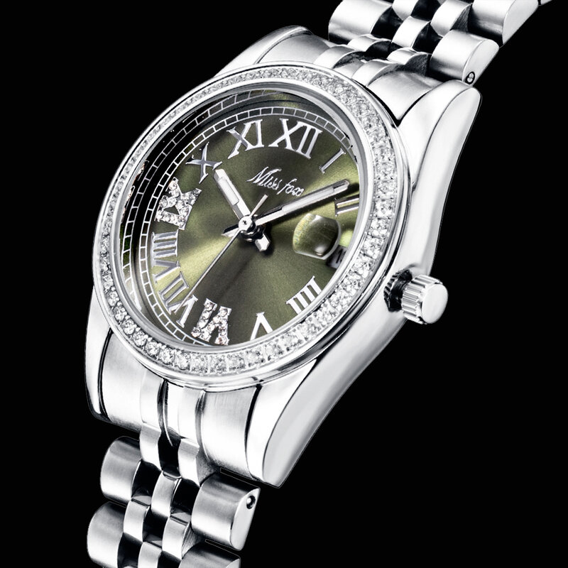 Relojes de marca de lujo para mujer, reloj de cuarzo para mujer, esfera verde, cristal ostentoso, plata, acero inoxidable