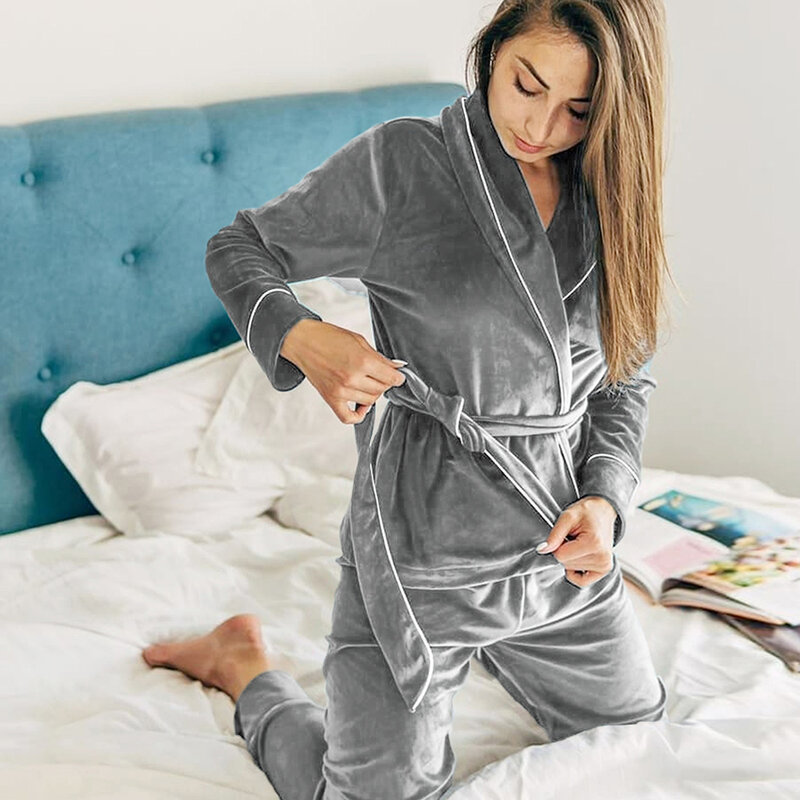 Hiloc quente veludo sleepwear sólido roupões e calças casa terno bolso manga longa roupas para casa mulher pijama inverno 2020
