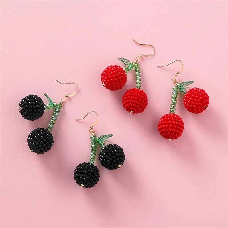 Czerwone wiśniowe kolczyki Drop dla kobiet słodkie owoce wiśniowe naszyjnik z koralików kolczyki słodkie prezenty dziewczyna biżuteria Bijoux
