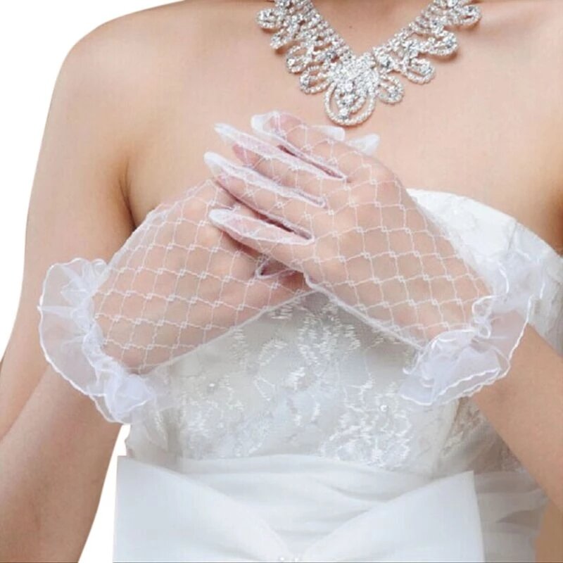 Кружевные перчатки из сетчатой пряжи для невесты, перчатки длиной до запястья, короткие свадебные аксессуары, свадебные перчатки, женские летние перчатки