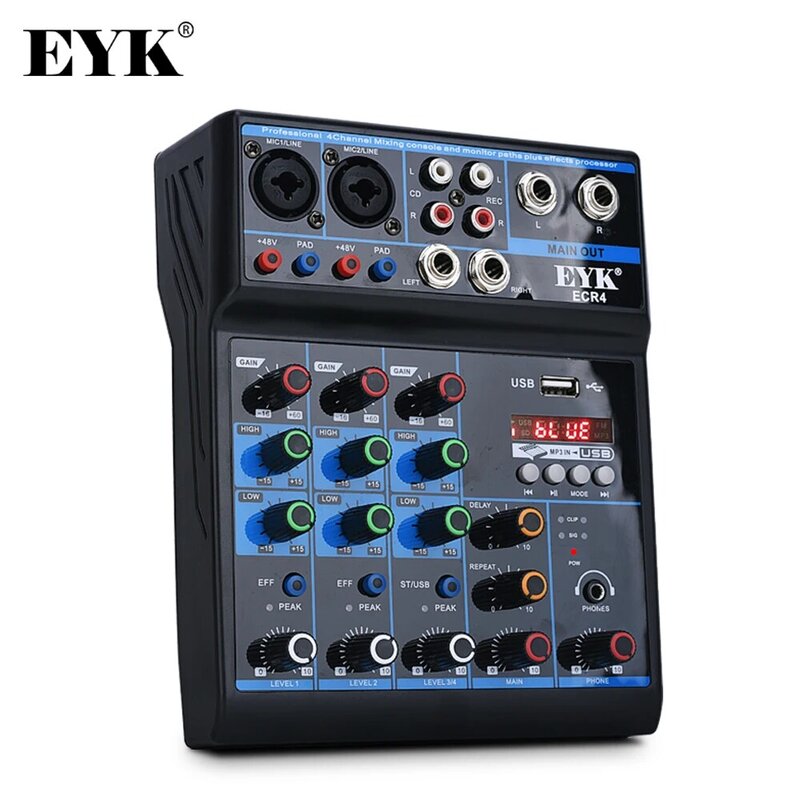 Eyk ecr4オーディオミキサーサウンドカード付き4チャンネルステレオミキシングコンソールBluetooth互換USBコンピューターレコード再生用