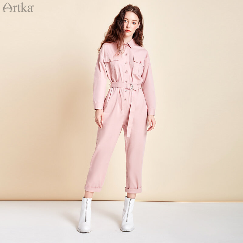 ARTKA 2020 الخريف جديد المرأة بذلة 100% القطن أزياء عالية الخصر زر بذلة مع حزام الإناث عارضة وزرة KA25005C