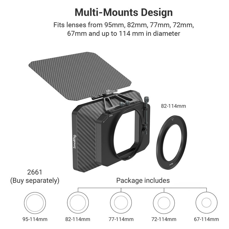 SMALLRIG-Boîte à pince légère pour appareils photo reflex numériques sans miroir, avec sensation supérieure en fibre de carbone et objectif 67/ 72/77/82/114mm, 2660