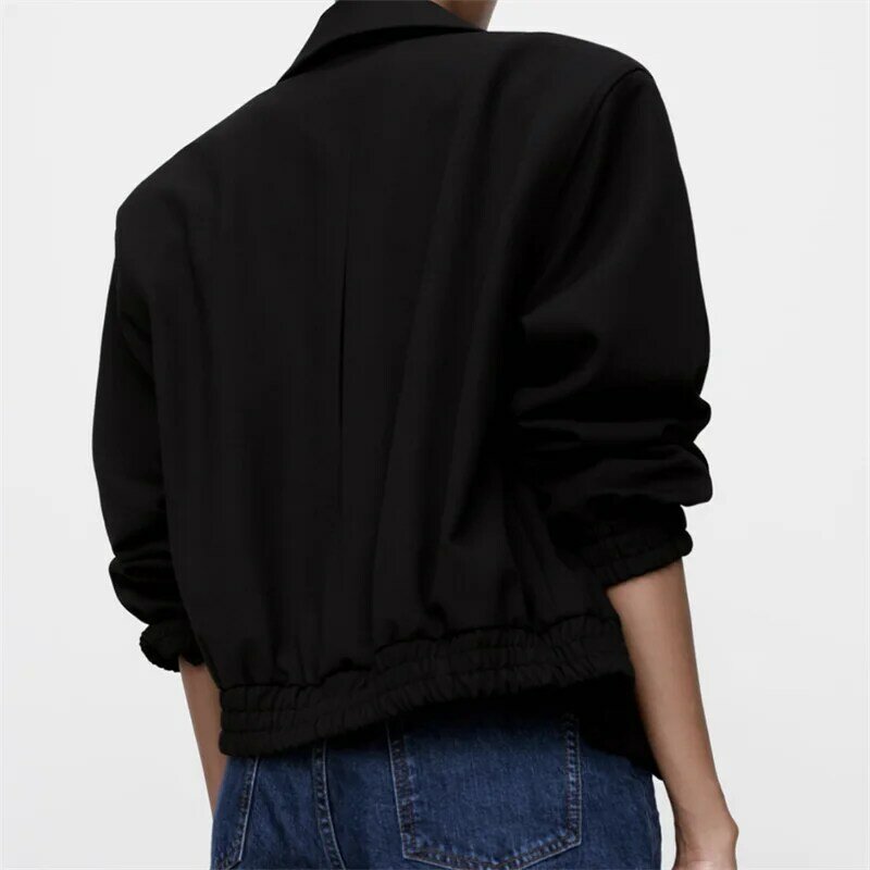 ZXQJ Women 2023 Fashion Solid Color Pocket Decorative Short Jacket Vintage Long Sleeve Casual Bomber Female Coat Chic Top