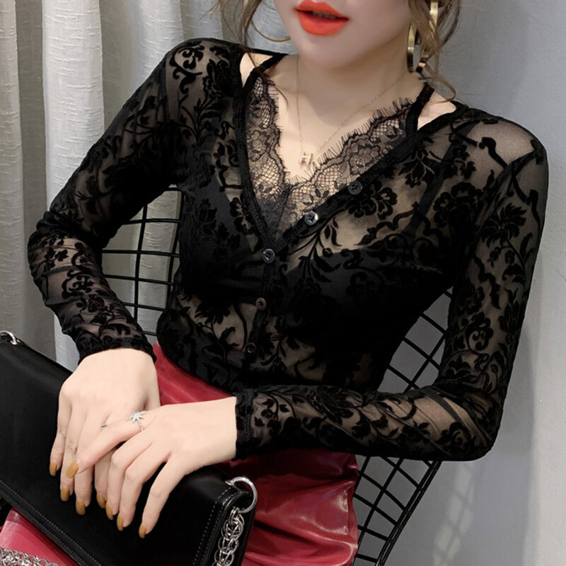 black sexy Lace Ladies blouse New Fashion Slim Long Sleeve V Neck shirt Mesh Top Blouse shirt plus size women clothes blusas
