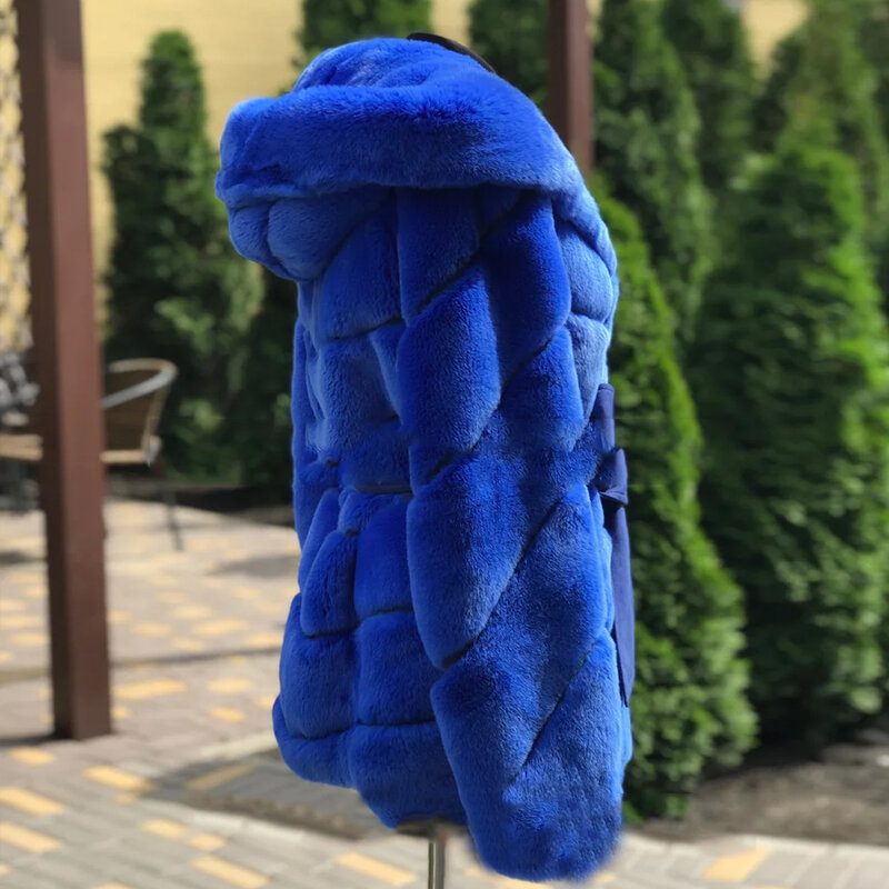 Abrigo de piel de conejo Rex Natural para mujer, chaqueta con cinturón, prendas de vestir exteriores de alta calidad, lujo, recién llegado