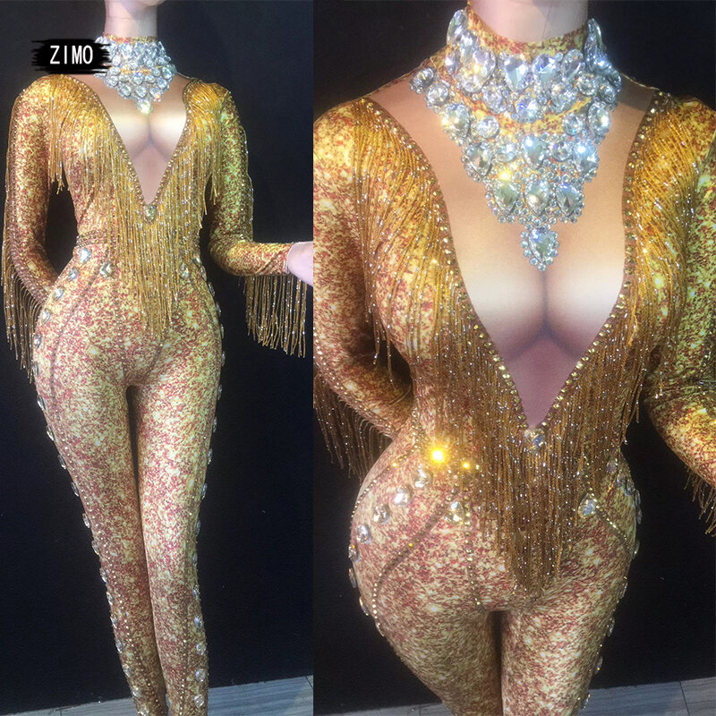 Блестящие золотые длинные SleeveTassel DJ для ночного клуба вечерние облегающее платье с украшением в виде кристаллов Стразы комбинезон полюс этап праздновать сексуальные костюмы для танцоров карнавальный костюм