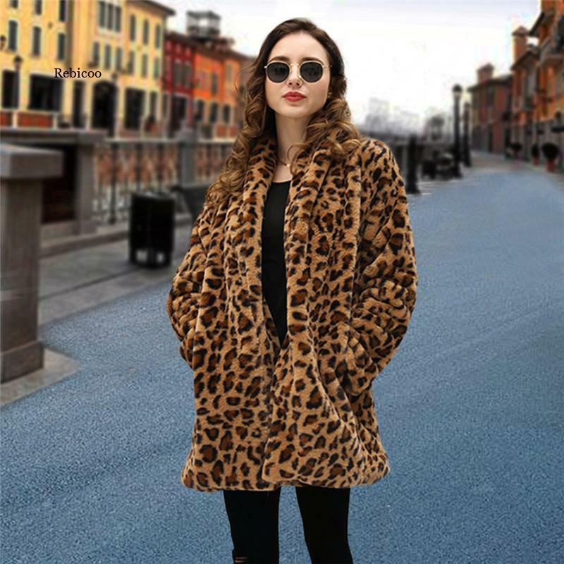 Moda leopardo feminino casaco de pele do falso de luxo longo casaco de pele solta lapela grosso quente outwear casacos femininos
