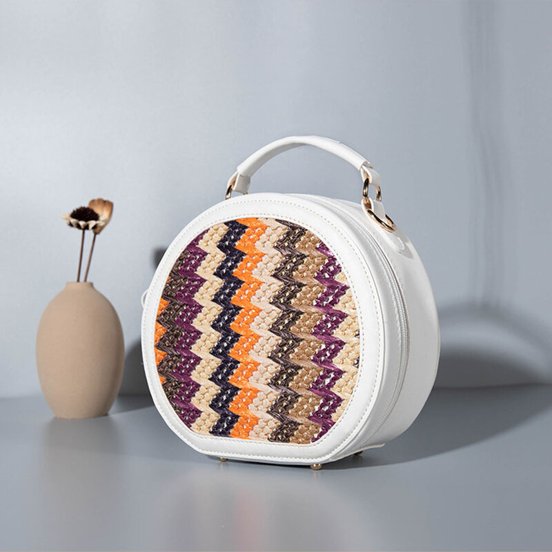 Summer Woven Patchwork Circular Straw Shoulder Bag Fashion Knitting Stripe Round Crossbody Bags For Women Leather Messenger Bag