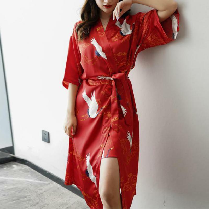 Faux ผ้าไหมพิมพ์ Crane ชุดนอนผู้หญิงเซ็กซี่ Robe Kimono หลวมชุดชั้นใน Intimate 2021ใหม่เจ้าสาวแต่งงาน Bridesmaid Robe
