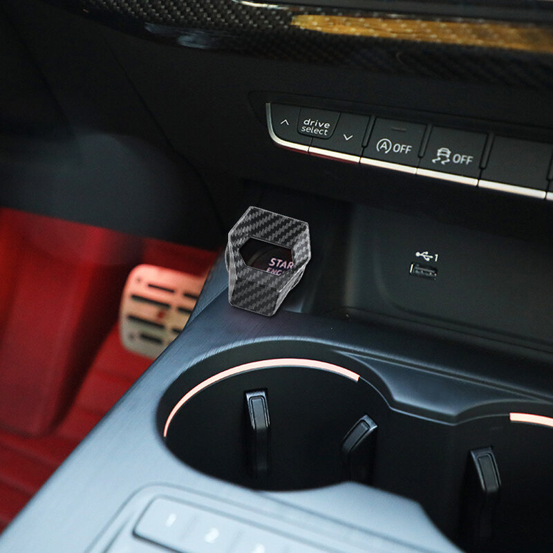 Fibra de carbono motor do carro start stop botão interruptor capa guarnição acessórios decorativos botão pegajoso capa estilo do carro