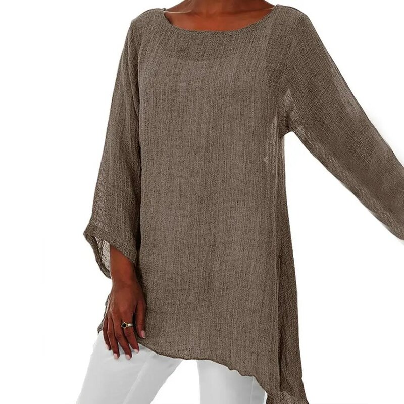 Женская Асимметричная блузка из хлопка и льна, однотонная Асимметричная туника с круглым вырезом и длинным рукавом, рубашки большого размера, весна-лето