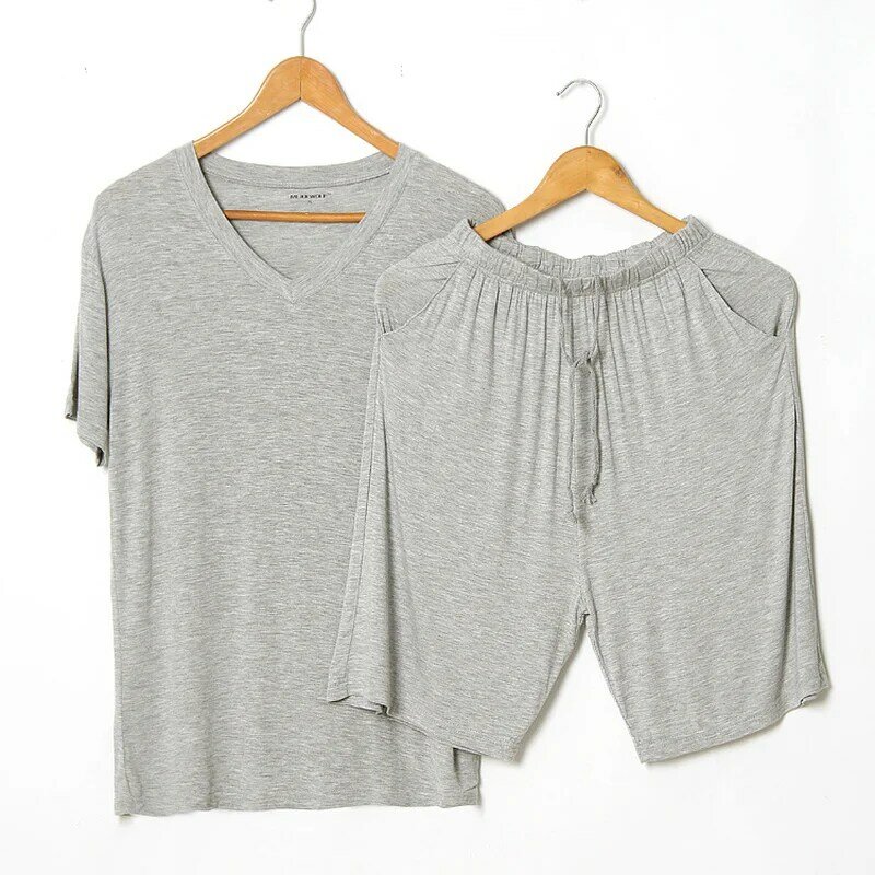 Summer Modal Pajama Sets Thin Short Sleeve T-shirt Shorts Sleepwear Mens Casual Set 2 Piece V-Neck Solid Color Home Clothing