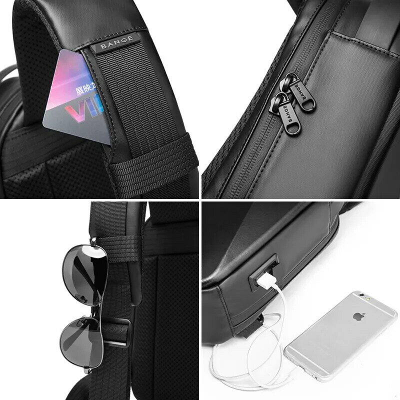 BANGE-حقيبة كتف مقاومة للماء مع شاحن USB للرجال ، حقيبة كتف للرجال ، حقيبة سفر قصيرة ، تصميم حقيبة صلبة ، 3.0