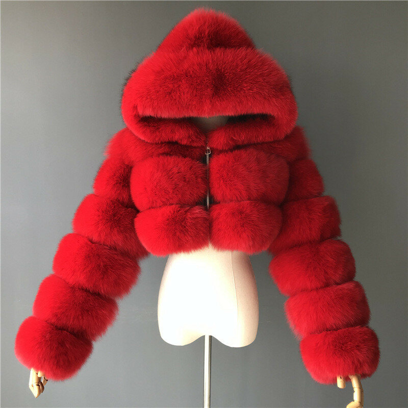 2023 moda Ultrashort płaszcz ze sztucznego futra damska zimowa kurtka z futrzanym kapturem kobieca gruba odzież wierzchnia sztuczny płaszcz futrzany KW133