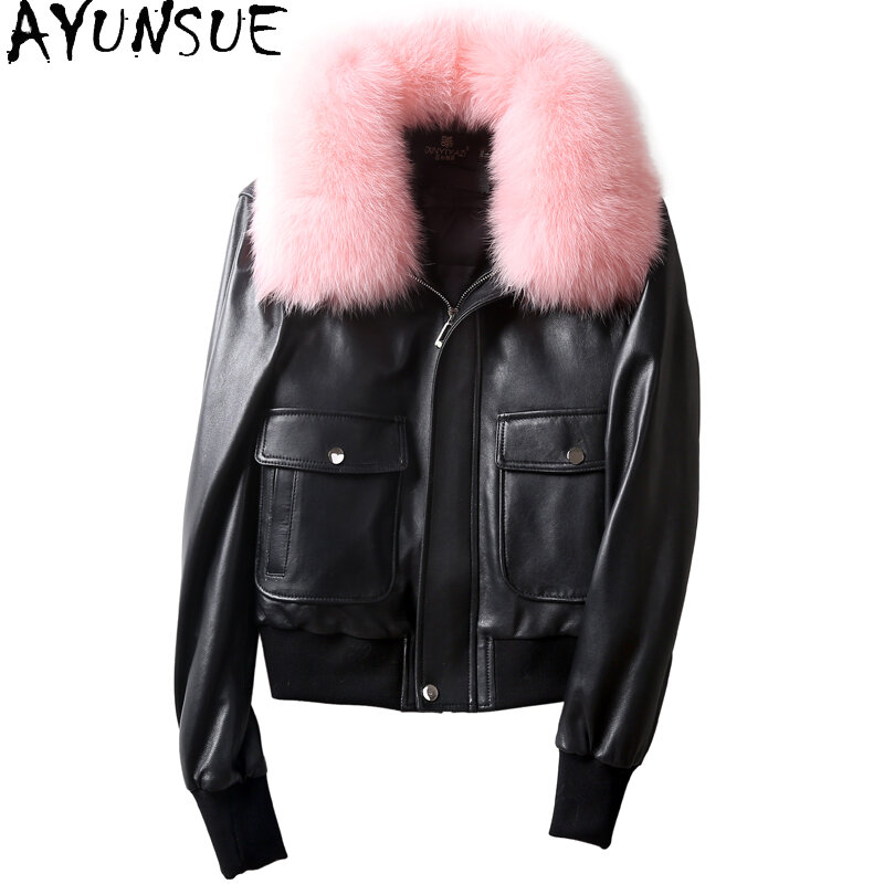 Ayunsue-女性用の本物のキツネの毛皮の襟,女性用の天然シープスキンコート,本物のダックダウンジャケット,100%-1の服,冬用