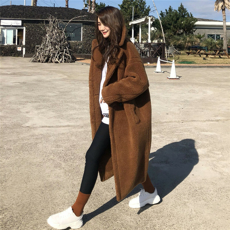 Mantel Bulu Imitasi Solid Wanita Musim Gugur Musim Dingin Jaket Bulu Domba Kasual Lengan Panjang Jaket Teddy Panjang Kerah Lipat Wanita Pakaian Luar 2022