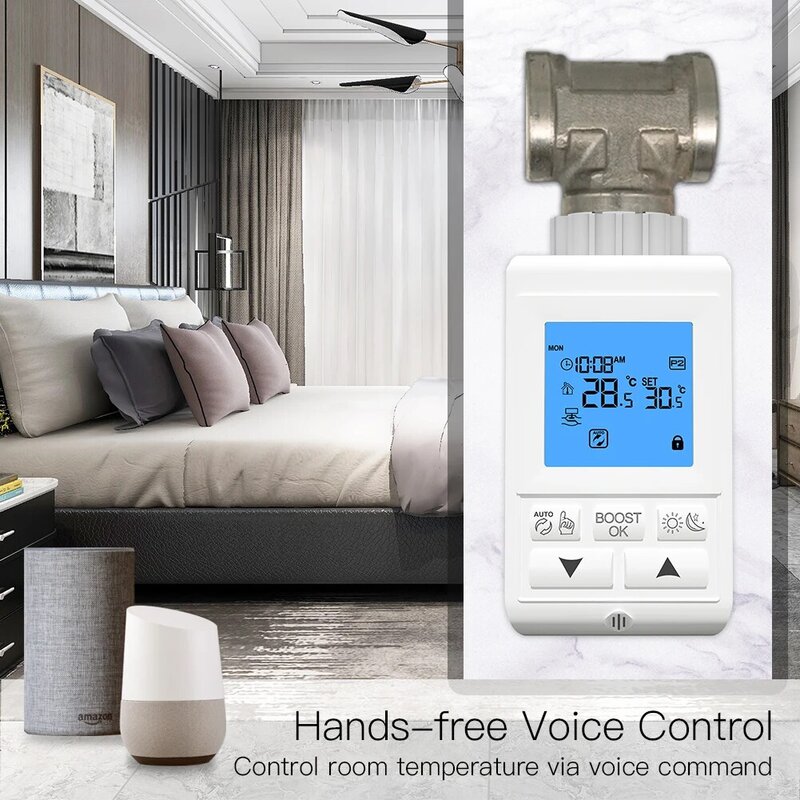 스마트 TRV 온도 조절 식 라디에이터 밸브 컨트롤러 Zigbee 온도 조절기 히터 온도 음성 제어 Alexa Google 홈과 함께 작동