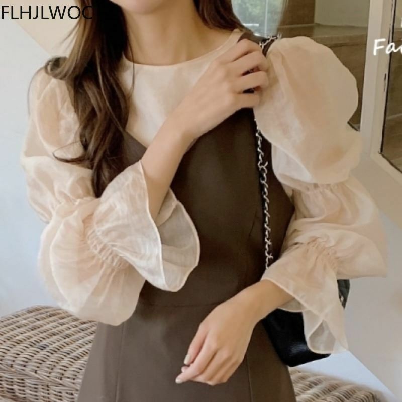 2021 Spring Fenimine Korea Chic Tops Blusas Women Fashion Flare Sleeve Solid Cross Criss Bow Tie Shirt Blouses