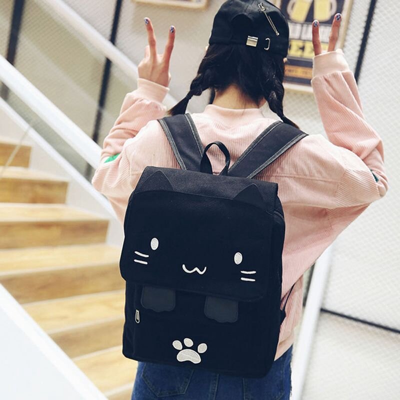 2 PCS Fashion Cute Cat Embroidery Canvas Student Cartoons Women Backpack Leisure School Bag,Black+White & Black+Pink