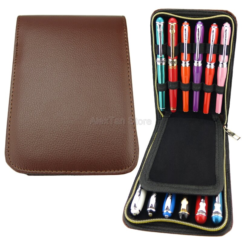 Pluma estilográfica y Rollerball de alta calidad, estuche de lápices disponible para 12 bolígrafos, portalápices de cuero café y bolsa