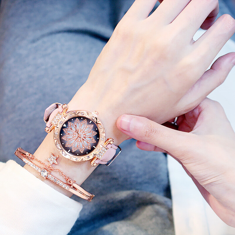 Relógio feminino, 2019 relógios femininos, pulseira, conjunto, céu estrelado, relógios pulseira de dama, relógios de pulso de quartzo de couro casual, relógios femininos