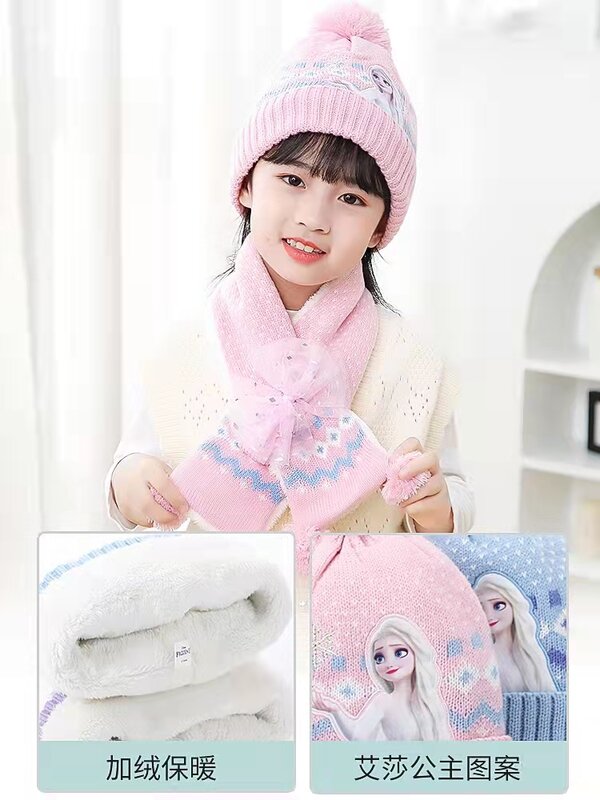 Disney Frozen Children Scarf Hat Glove For Girls Elsa Anna Winter Outdoor Thick Knitted Hats Keep Warm Two-Piece Set Kids Gifts