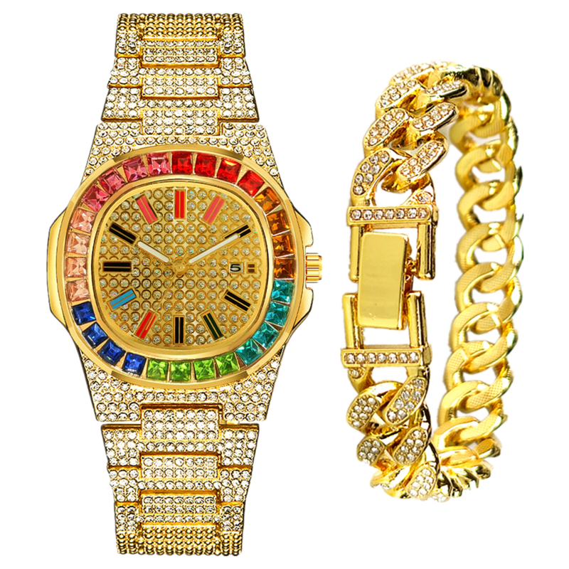 2pcs Cuban Bracelet + Iced Out Watch for Women Men Quartz Wrist Watches Fashion Luxury Bling Gold Diamond Couple Watch Set Clock