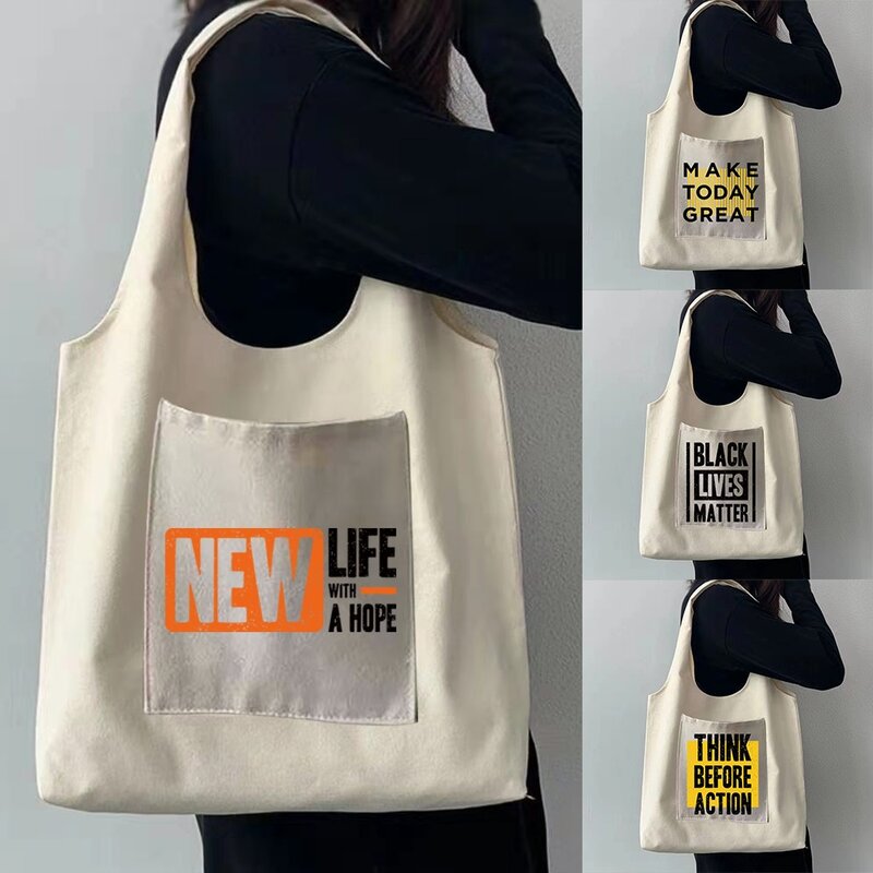 Fashion Canvas Bag Ladies Large Portable Messenger Shoulder Bag Harajuku Print Pocket Travel Washable Sundries Storage Bags