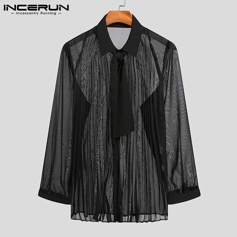 INCERUN Men Sexy Shirt Mesh See Through Lapel Long Sleeve Camisas WIth Tie Streetwear 2023 Pleated Solid Party Men Clothing 5XL