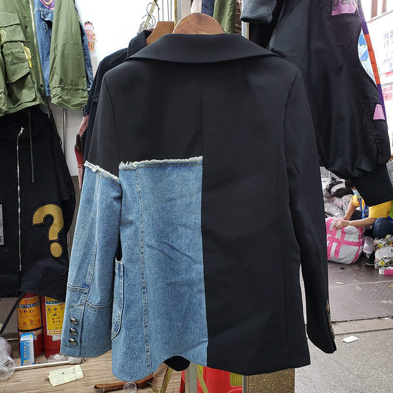 여성용 데님 패치워크 블레이저 재킷, 싱글 버튼 블랙 정장 재킷, 루즈 패션 레이디 블레이저 코트, 고품질, 2023 가을 신상