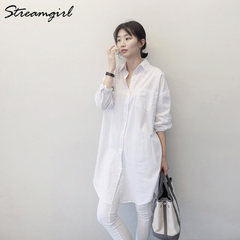 Streamgirl frauen Tunika Weiß Hemd Oversize Frau Lose Langarm Freund Koreanische Kleidung Frauen Büro Bluse Shirt Weiß