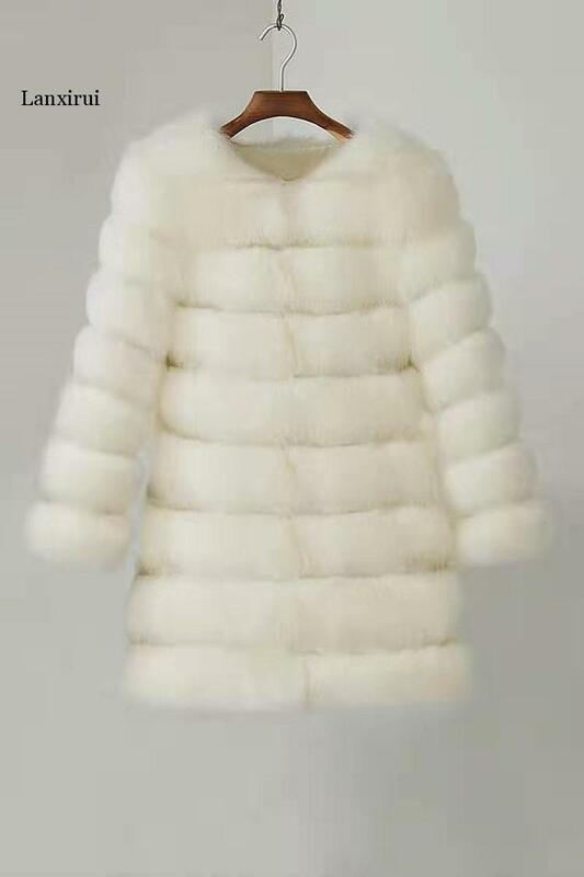 معطف طويل دافئ من الفرو الصناعي ، جلد النمر الأبيض ، جودة عالية ، المشاهير ، مساء
