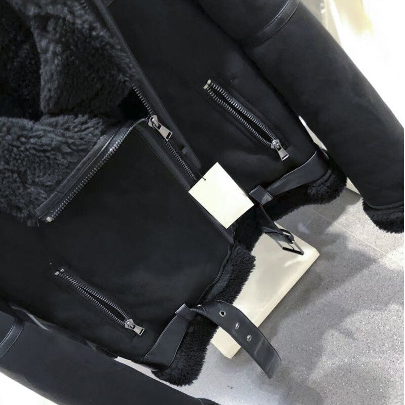 2022 Winter New Women Thick Lamb Suede Biker Jacket Casual Black Short Faux Leather Coat Female Warm Outwear Ladies