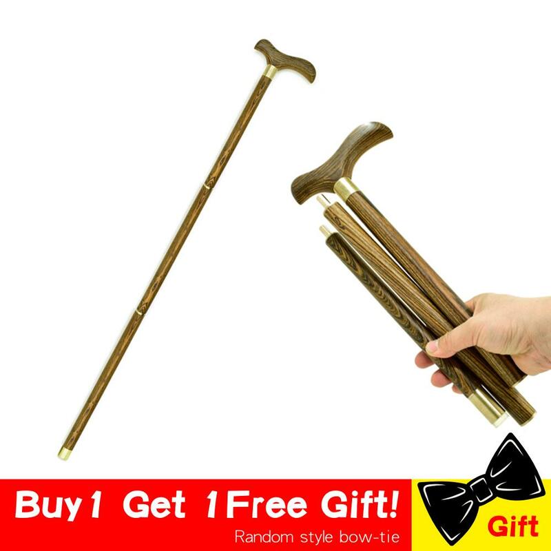3-Sections Wood Cane Walking Stick Wooden T Straight Grip Handle Stick Foldable Vintage Wood Gentle  Walking Cane Stick Canes