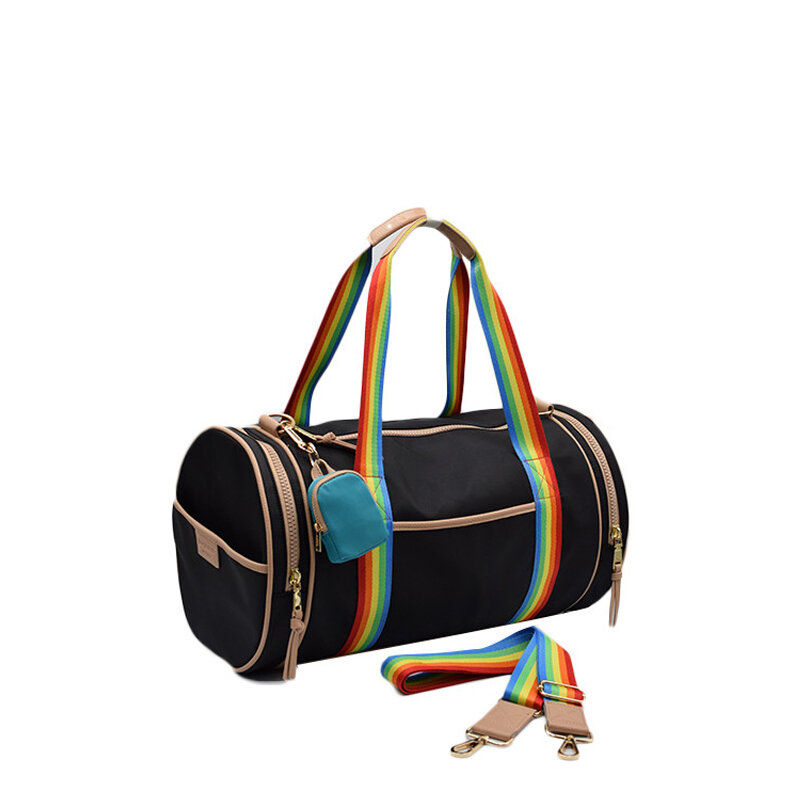 여행용 나일론 가방, 대비 컬러 숄더 프린트 레인보우 폴리에스테르 안감, 고품질 화이트/블랙 도매/사용자 정의